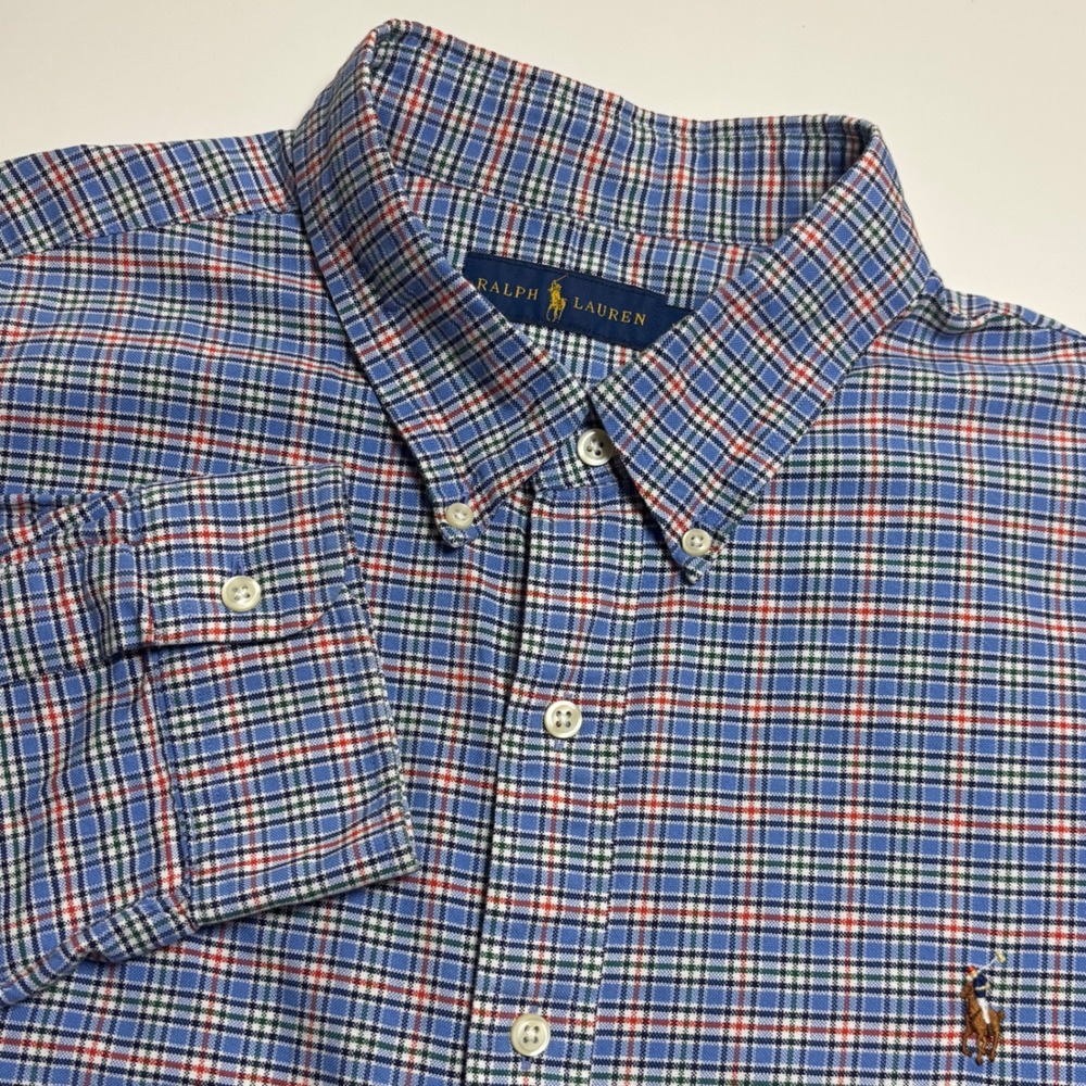 Ralph Lauren Oxford Blue Plaid Mens XXL Long Sleeve Button Down Flesh Pony Shirt